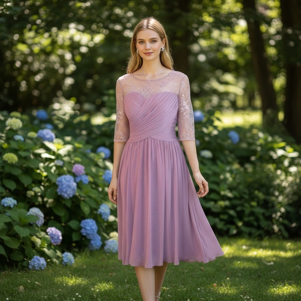Azazie Chiffon Dress Lace Sleeve Party Cocktail Formal Mauve Pink Sz 4/ #5145